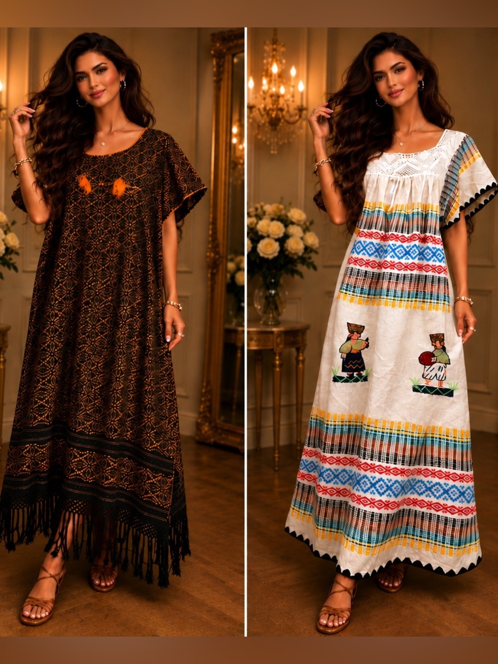 BUNDLE/3 Vintage Mexican Boho Kaftan Maxi MIDI Embroidered Festival Fringe Dress